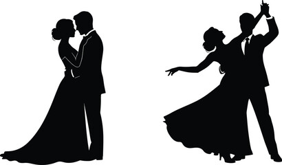 Romantic silhouette of two wedding couples dancing in elegant ballroom poses, capturing love, passion, and celebration perfect for wedding invitations, event posters, or dance-themed vector 