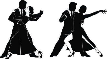 Romantic silhouette of two elegant couples dancing passionately in ballroom style, ideal for wedding invitations, event posters, or dance-themed vector illustrations with grace,