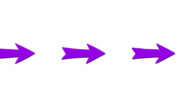 A clean 3D motion graphic element featuring a bright purple directional arrow pointing and moving to the right over an isolated white backdrop. Perfect for video transitions, interface navigation cues