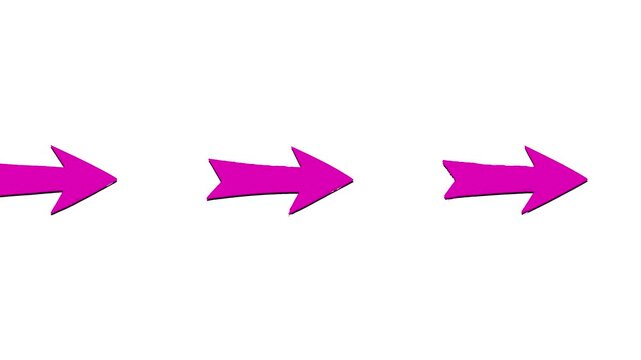 A sequence of vibrant pink arrows animates steadily from left to right across a clean white background. This simple motion graphic is perfect for directional guidance, website navigation, or education