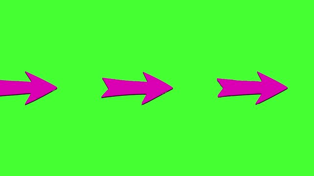 A vibrant pink 3D arrows pointing right, sliding across a bright green screen background. This high-visibility graphic is designed for use as a video overlay to guide viewers' focus in tutorials