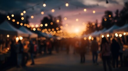 Blurred outdoor market or festival at dusk with string lights illuminating tents and a crowd of people creating a warm ambiance