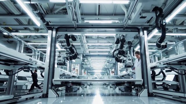 Wide shot of advanced semiconductor factory with robotic wafer transfer system.