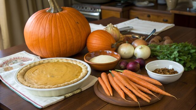 Thanksgiving dinner preparation. Table with pumpkin. carrot and onion for autumn season pie.
