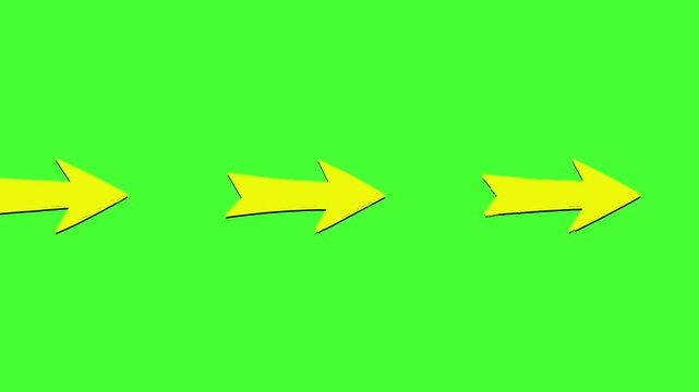 A classic 2D animated yellow arrow graphic moving horizontally across the frame. Isolated on a chroma key green background, this clean motion element serves as a versatile indicator, pointer, or trans