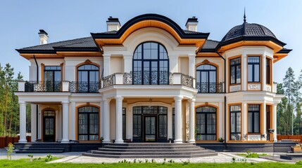 Fototapeta premium Large opulent house with decorative details, front view, with landscaped lawn