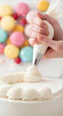 Close-up of hands using a piping bag to meticulously squeeze white frosting to decorate the border of a cake, with colorful bokeh lights in the background.