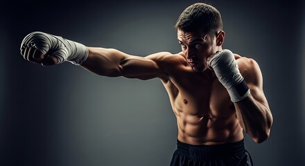 Muscular, shirtless boxer in hand wraps throwing a powerful jab punch with a focused expression against a dark, dramatic background.