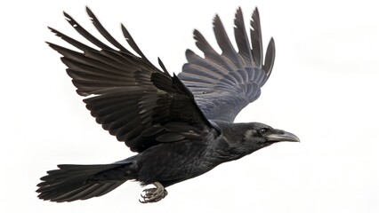 Obraz premium A black crow is flying in the air with its wings spread wide isolated on white or transparent
