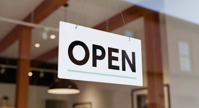 Hanging white sign displaying the word "OPEN" in bold, black letters, symbolizing welcome, service, and availability, inviting customers to enter