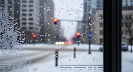 View from inside a bus stop shelter window, frosted with snowflakes, looking out onto a blurred, snowy city street with red traffic lights.