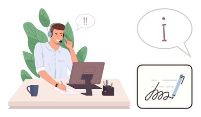 Customer service agent in a headset working at a desk with a computer, dialogue bubbles, contract signing. Ideal for communication, support, business solutions, telecommunication, technology, advice