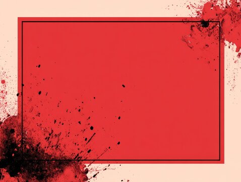 Abstract composition with a central red rectangle, black splatters on a cream backdrop