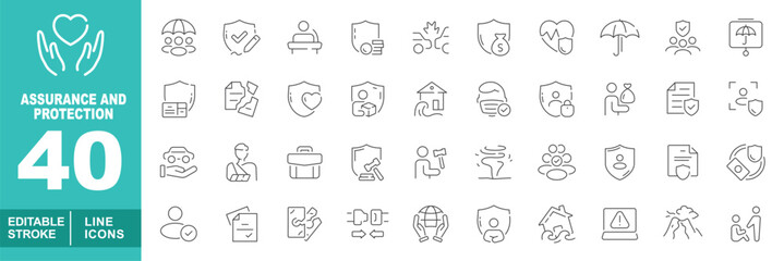 Assurance and protection set of web icons in line style. Containing handheart, people, shieldcheck, car, money, tree, heart, umbrella, shield, report, heartshield. Editable stroke icons collection.