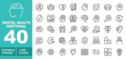 Mental health emotional set of web icons in line style. Containing brain, chart, handheart, heart, pen, cloud, people, head, handshake, headplus, star, sleep, man, gear, couple. Editable stroke icons 