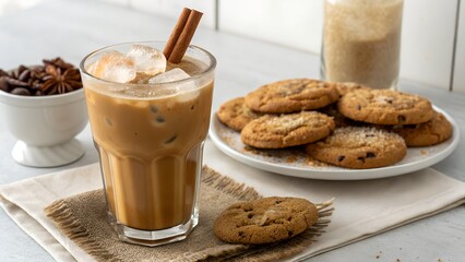 A glass of iced chai latte with a cinnamon stick garnish. served with a plate of cookies on a