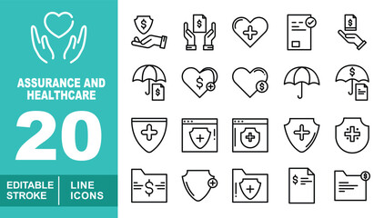Assurance and healthcare set of web icons in line style. Containing handheart, shieldhand, handmoney, heartplus, report, umbrella, heart, shieldplus, shieldweb. Editable stroke icons collection.
