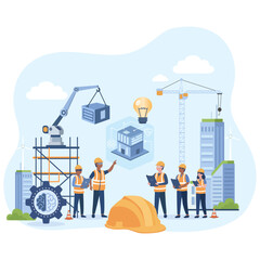 Diverse construction team using digital technology and AI to manage smart building projects, with cranes, scaffolding, and BIM elements in an urban area.