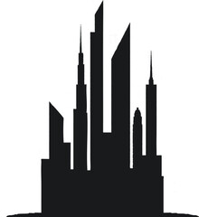 Black silhouette of city skyline with communication tower and buildings white background.




