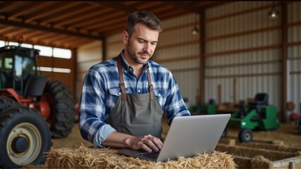 Modern Farmer Using Laptop in Agricultural Barn Setting