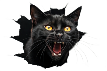 Angry black cat with transparent background. Surprise. Shock. Raging fury. Threatening. Alert. Danger.
