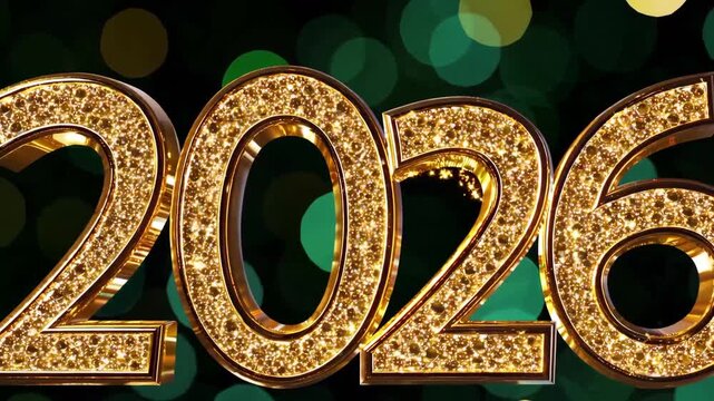 Sparkling 2026 with glitter and reflections on festive green-gold bokeh background.