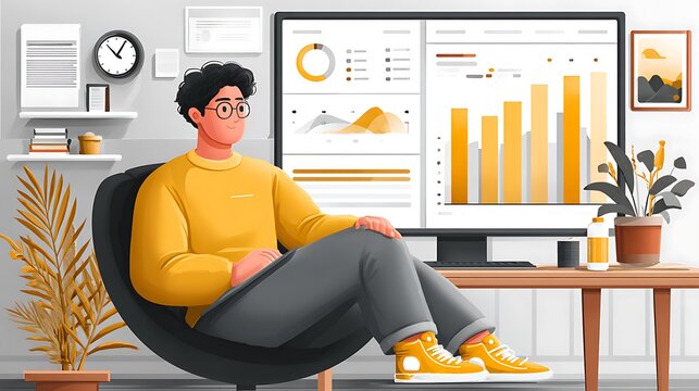 Young man relaxing in a chair looking at a computer screen displaying financial charts and graphs