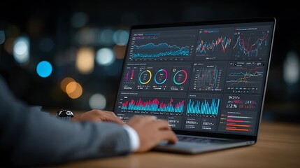 Professional analyzing complex data visualizations on a laptop screen in a dimly lit office at night
