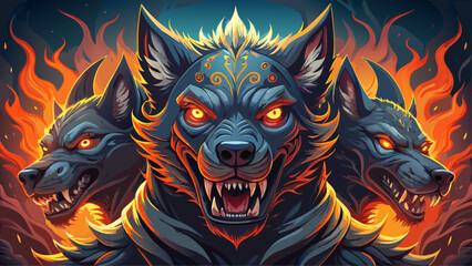Close-up portrait of Cerberus, glowing fiery eyes, surreal triple heads, fantasy aura, dreamlike guardian beast, mythical power, imaginative design, epic close-up artwork, legendary underworld monster