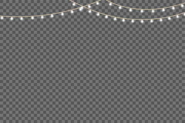 Elegant warm fairy lights garland glowing on dark transparent background for celebration or wedding decoration