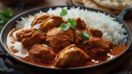 Close-up of chicken curry served with rice on a dark plate