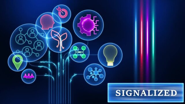 Digital Network Connections Brainstorming Idea Generation Teamwork Strategy Business Growth Innovation Concept Glowing Neon Icons Dark Background