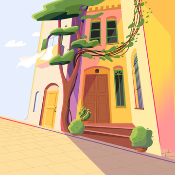 Vector illustration. A street on a sunny day with brightly colored house facades.