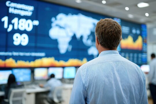 A man observes large screens showing world maps and financial data in a modern operations center.