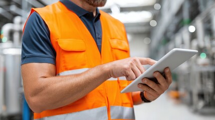 A worker wearing an orange high-visibility vest is actively using a digital tablet in an industrial facility.