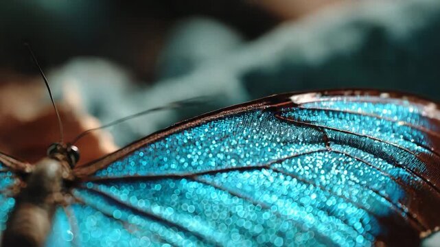 Closeup of a blue morpho butterfly&rsquo;s wing.