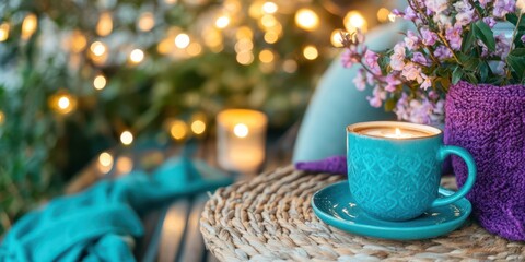 Fototapeta premium Cozy morning scene with coffee and flowers