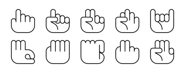 Set of minimalist white hand icons on transparent background