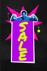 Banner image zine art pop trend collage of excited man peek sale coupon client market promotion black friday consumerism