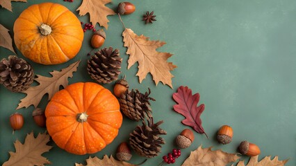 Happy Thanksgiving day vertical Pumpkins dry oak leaves acorns cones on vintage green backgro