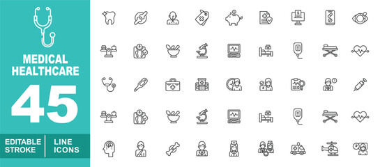Medical healthcare set of web icons in line style. Containing tooth, pills, doctor, tag, piggybank, shield, computer, phone, eye, scale, oldman, medicine, microscope. Editable stroke icons collection.