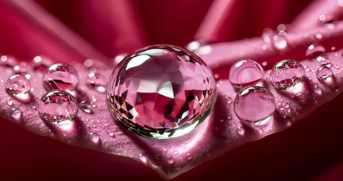 Close-up of a sparkling gemstone on a vibrant flower petal with droplets