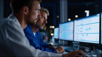 Scientists analyze data at research facility during nighttime experiment with computer screens