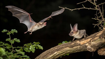 Animal little brown bat flying. The grey long-eared bat is a fairly large European bat. It has