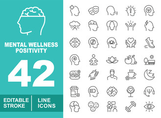 Mental wellness positivity set of web icons in line style. Containing headplus, mask, headidea, psi, cloudrain, heads, winner, flash, brain, yinyang, headlotus. Editable stroke icons collection.