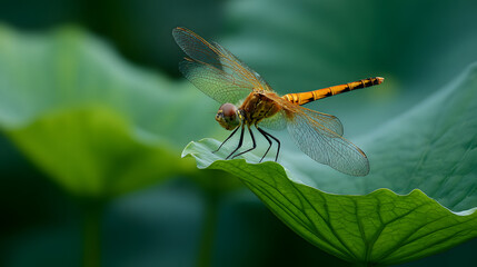 Dragonfly resting on a vibrant green lotus leaf