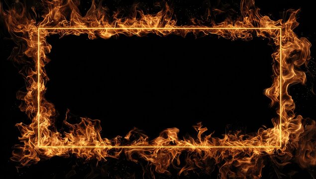 A glowing frame of flames encircles a rectangular black space, suggesting potential for content