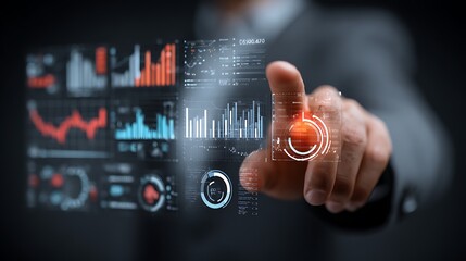 Business professional interacting with a futuristic holographic display showing complex financial data and analytics charts