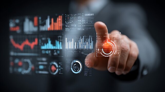 Business professional interacting with a futuristic holographic display showing complex financial data and analytics charts - Powered by Adobe