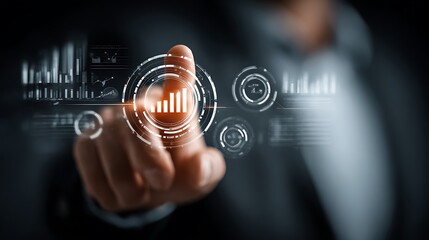 Businessman interacts with futuristic holographic financial data charts and graphs on a dark background